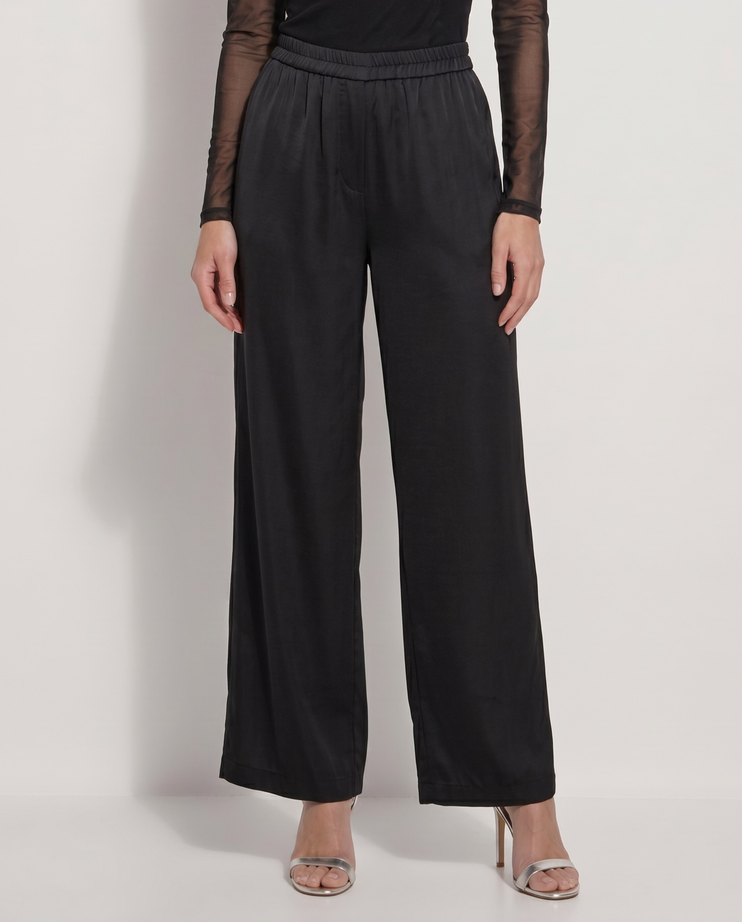 Pantalón de fiesta satinado negro de pierna ancha y cintura elástica fluido - Eutea