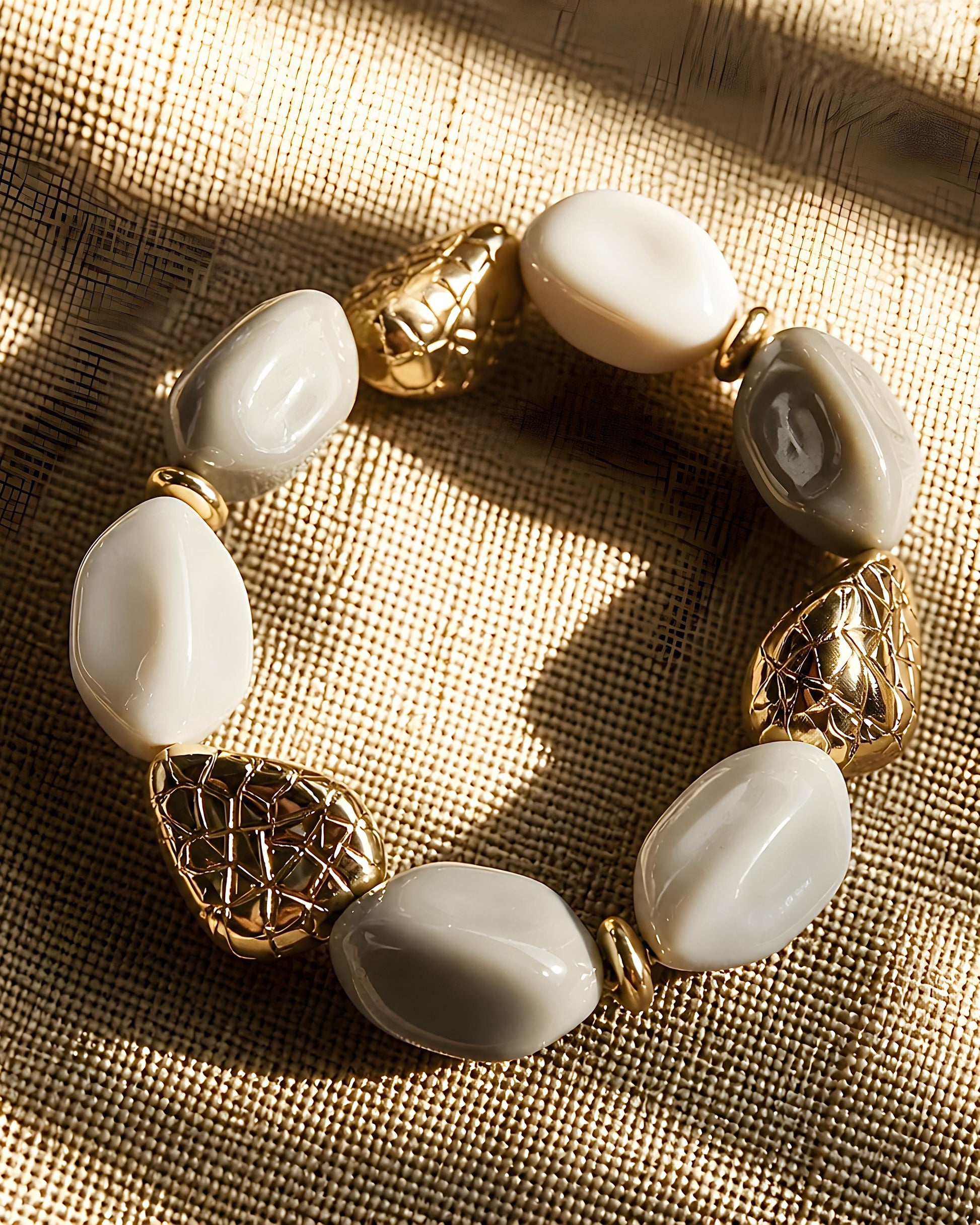 Pulsera elástica Puigcerda de EuTea con cuentas de resina orgánica en color gris y blanco brillante, combinadas con eslabones dorados texturizados.