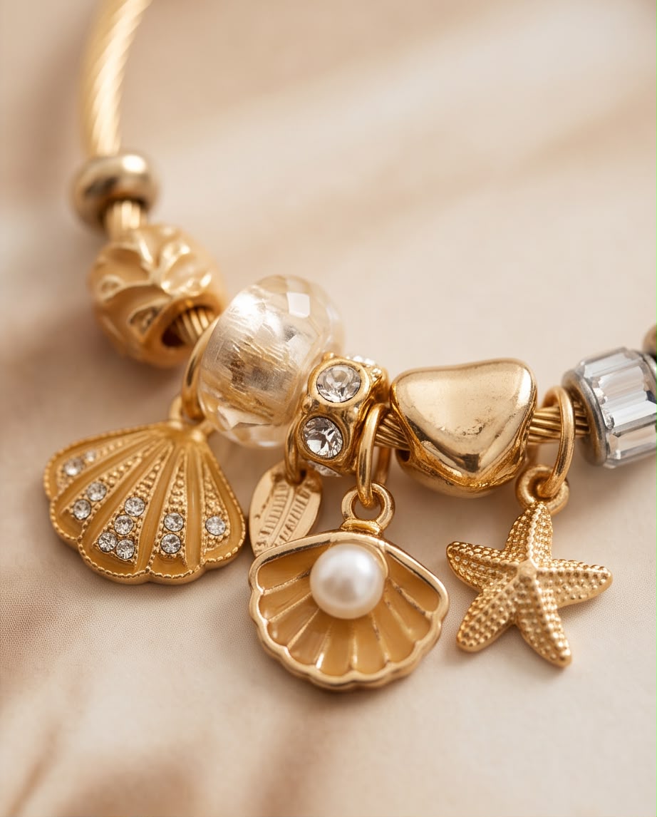 Detalle de los charms de concha, perla y estrella de mar de la Pulsera Mojácar.