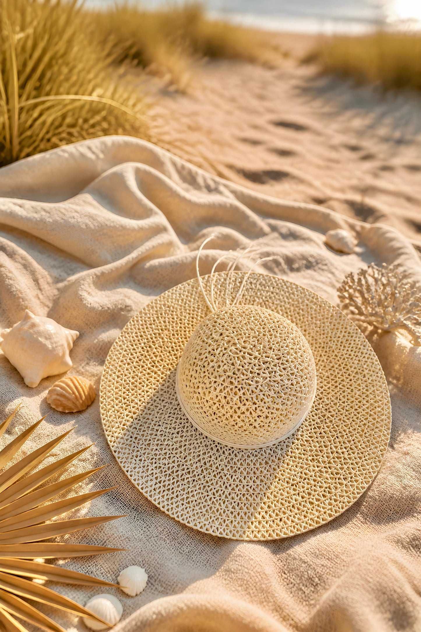Sombrero de ala ancha calado para mujer modelo Ostuni de Eutea, de paja natural con detalle de plumas blancas ligeras en la playa.