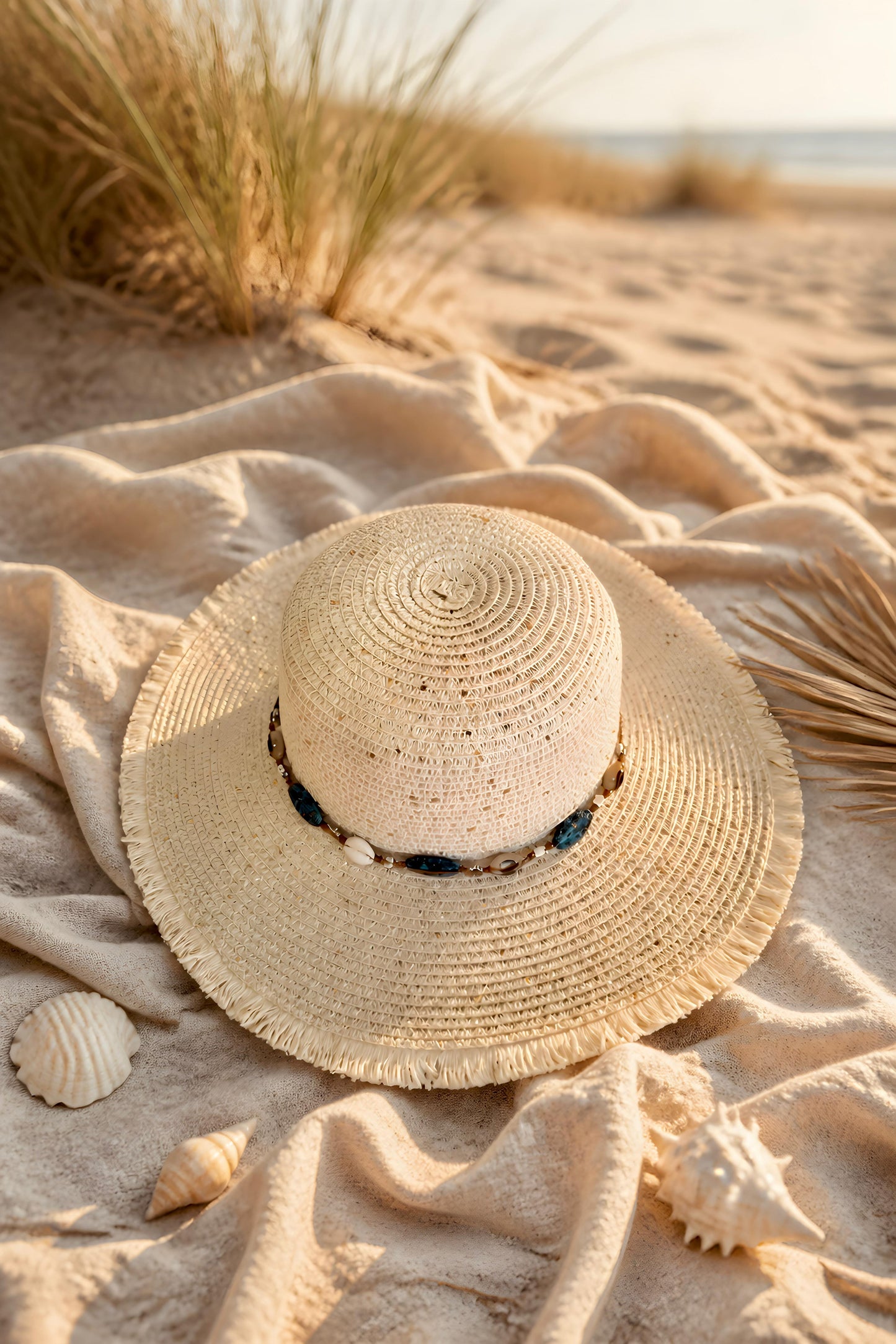 Sombrero playero de estilo boho deshilachado modelo Ravello de Eutea, decorado con cuentas turquesas, conchas naturales y cordón ajustable de ante.