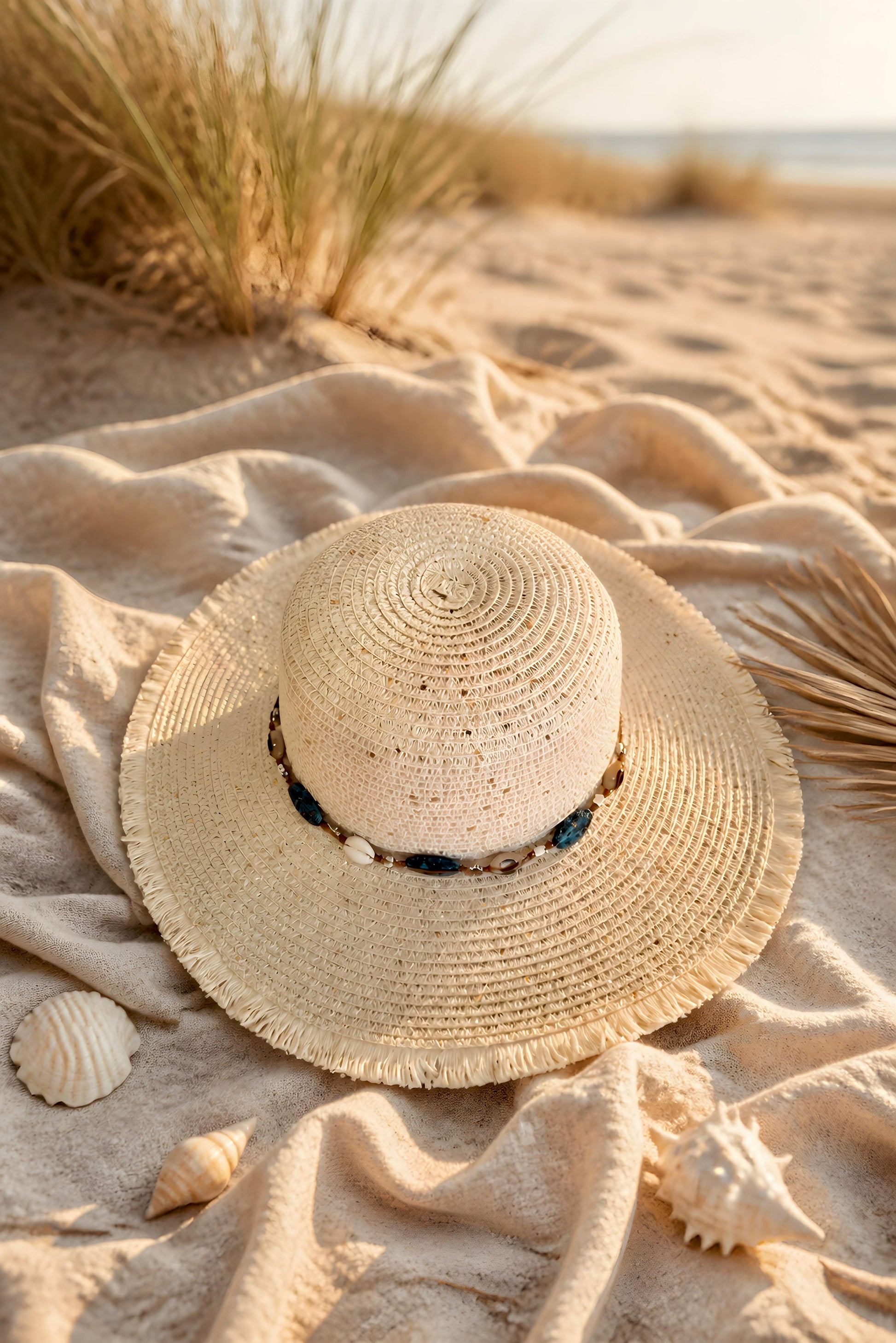 Sombrero playero de estilo boho deshilachado modelo Ravello de Eutea, decorado con cuentas turquesas, conchas naturales y cordón ajustable de ante.