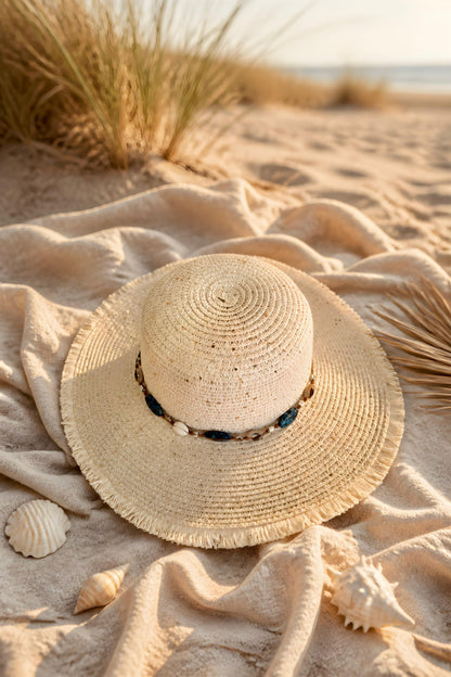 Sombrero playero de estilo boho deshilachado modelo Ravello de Eutea, decorado con cuentas turquesas, conchas naturales y cordón ajustable de ante.