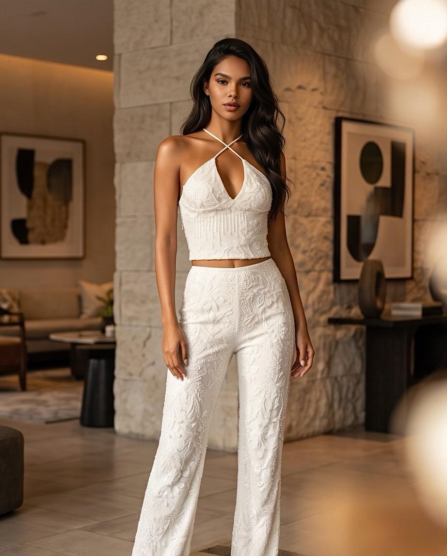 Top Bonaire blanco con escote halter y lentejuelas.