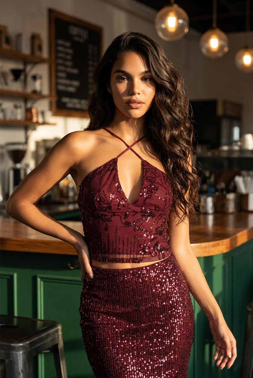 Top Bonaire burdeos con escote halter y lentejuelas.