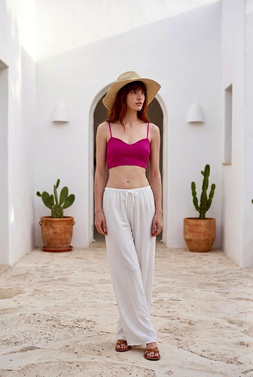Modelo luciendo un crop top de tirantes finos en color fucsia vibrante combinado con pantalón blanco.