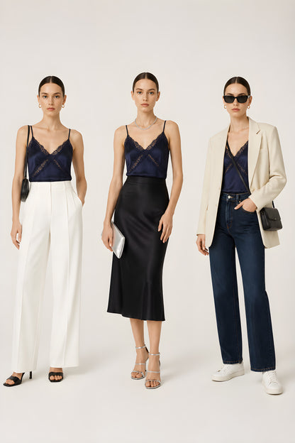 Tres propuestas de outfit con el Top Aguilar en azul marino combinándolo con pantalón blanco, falda satinada y blazer.