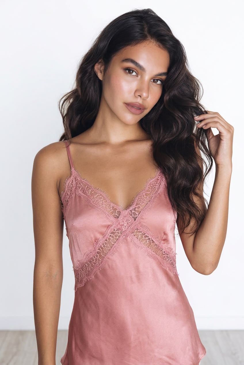 Modelo mostrando el Top Lencero Aguilar en tono rosa empolvado con acabados de encaje delicado.