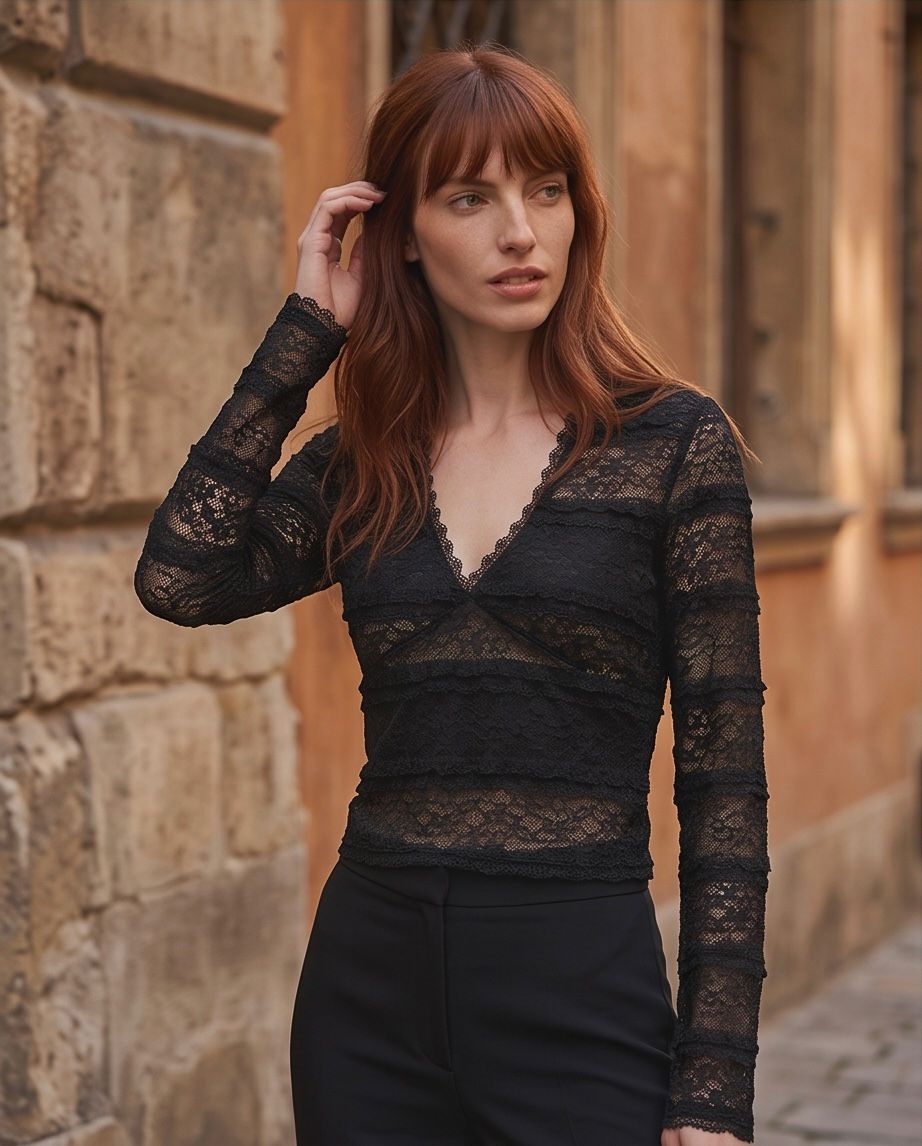 Top Mazarredo negro de encaje combinado con pantalón negro