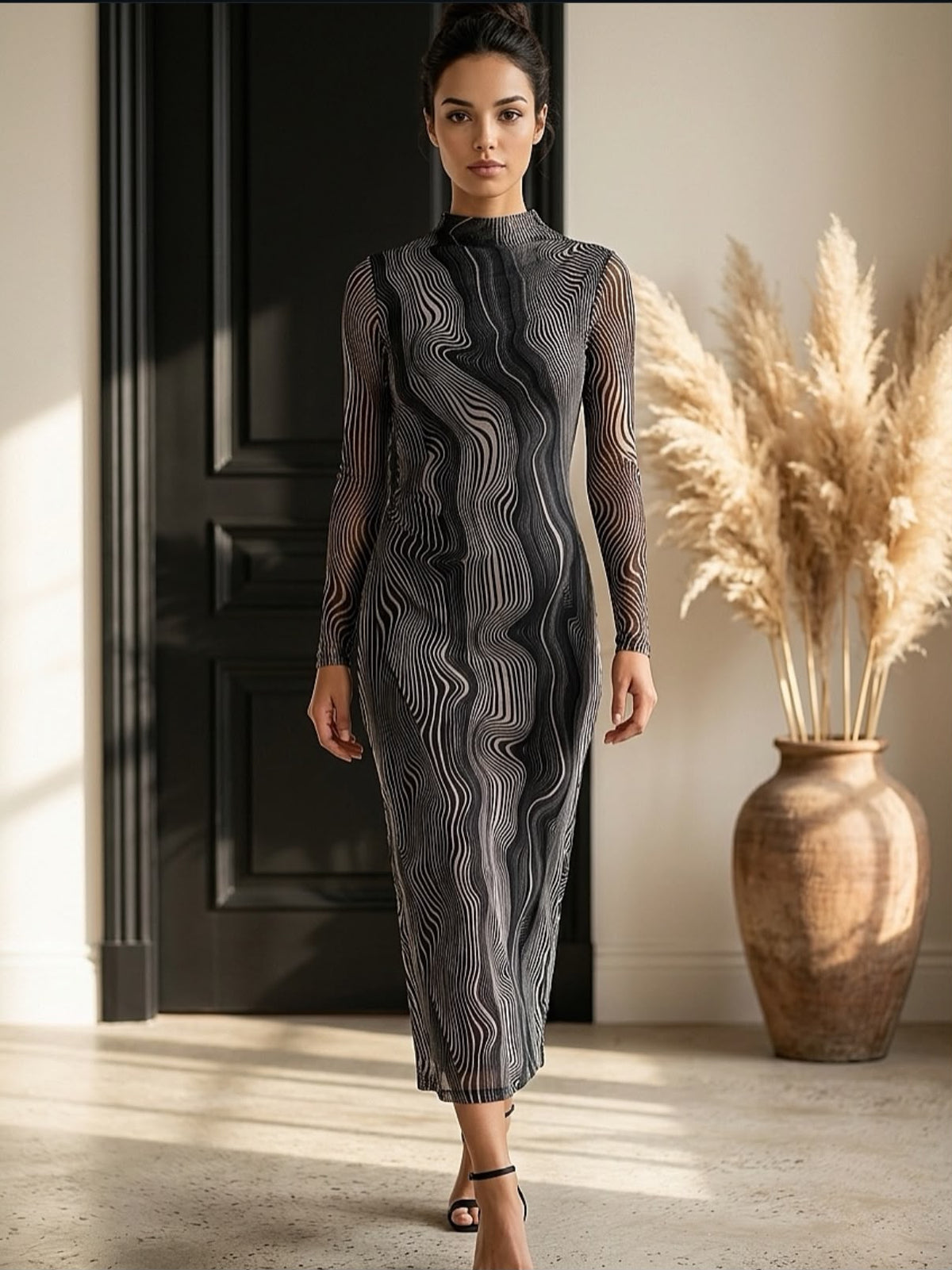 Vestido Anaien negro midi de manga larga con estampado ondulado