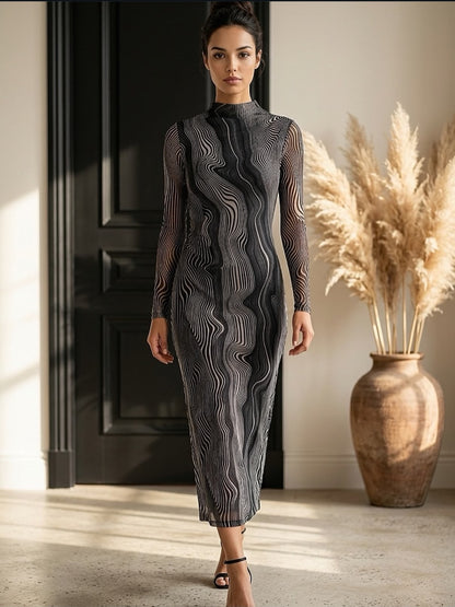 Vestido Anaien negro midi de manga larga con estampado ondulado