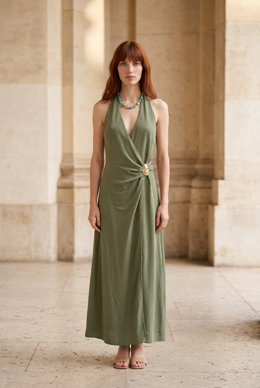 Vestido largo Angra verde oliva con escote halter