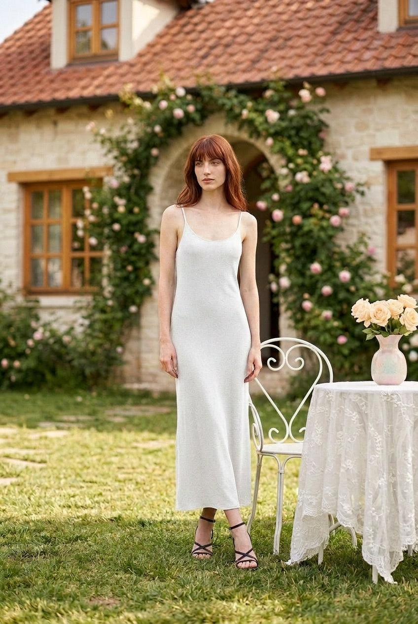 Modelo posando con vestido largo lencero color blanco roto con fondo de casa de piedra - Eutea