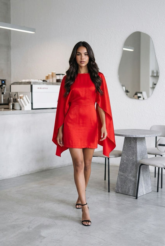Vestido corto Agoitz rojo con mangas efecto capa