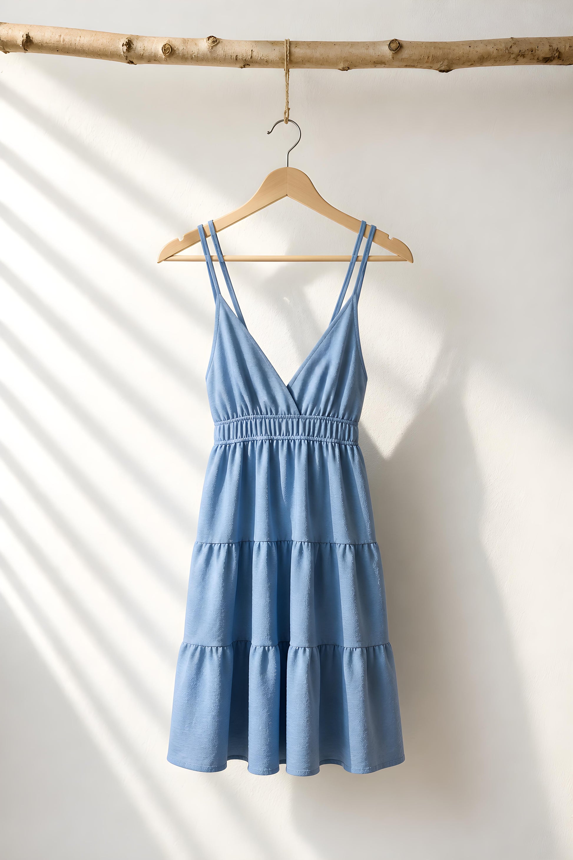 Vestido texturizado de tirantes azul brisa colgado en percha con iluminación natural - Eutea