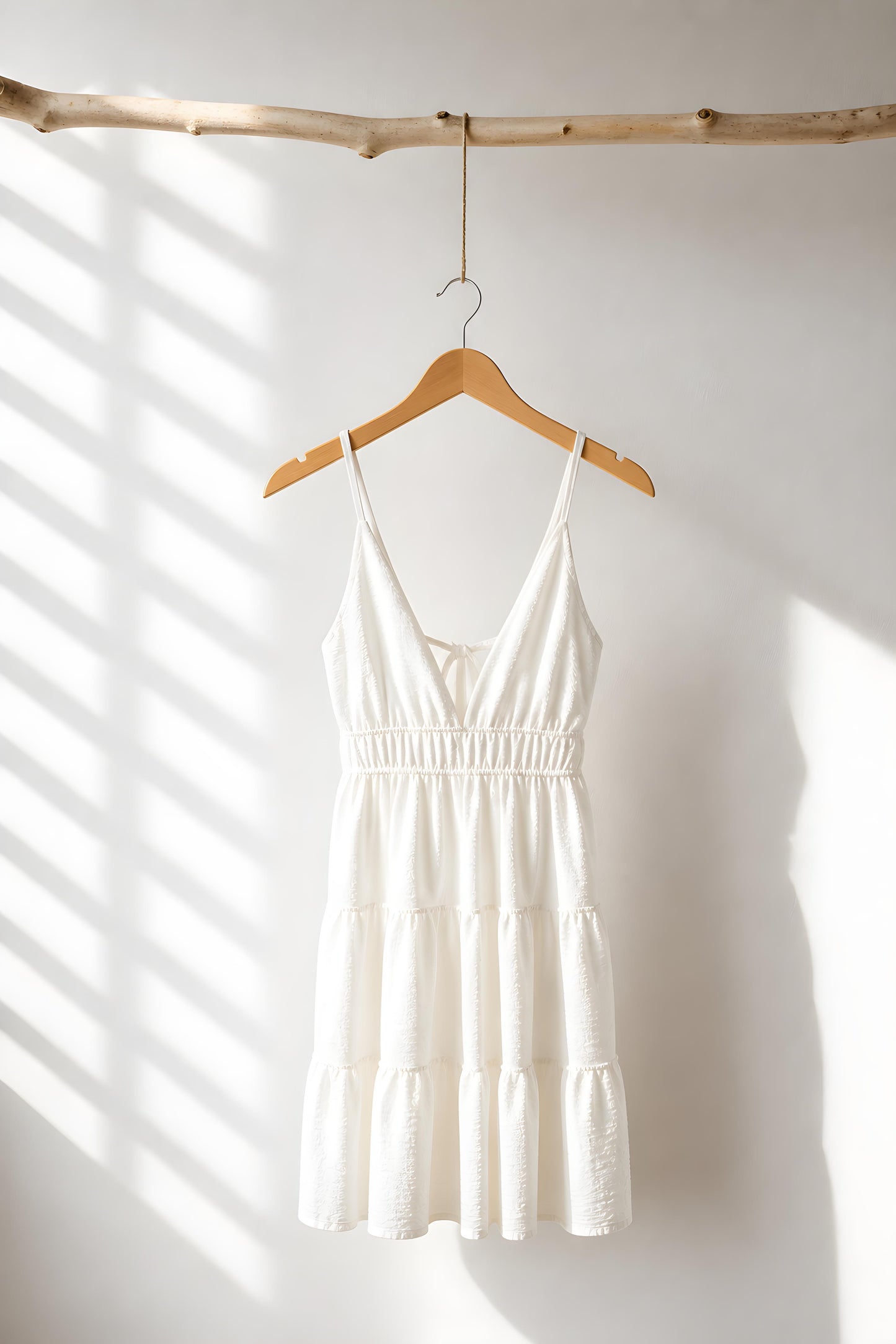 Vestido mini veraniego color blanco de paneles fluido expuesto en perchero de madera - Eutea