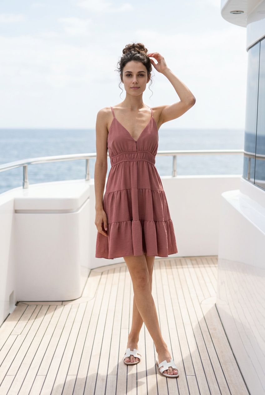 Modelo posando con vestido corto de tirantes color rosa terracota de silueta fluida para verano - Eutea