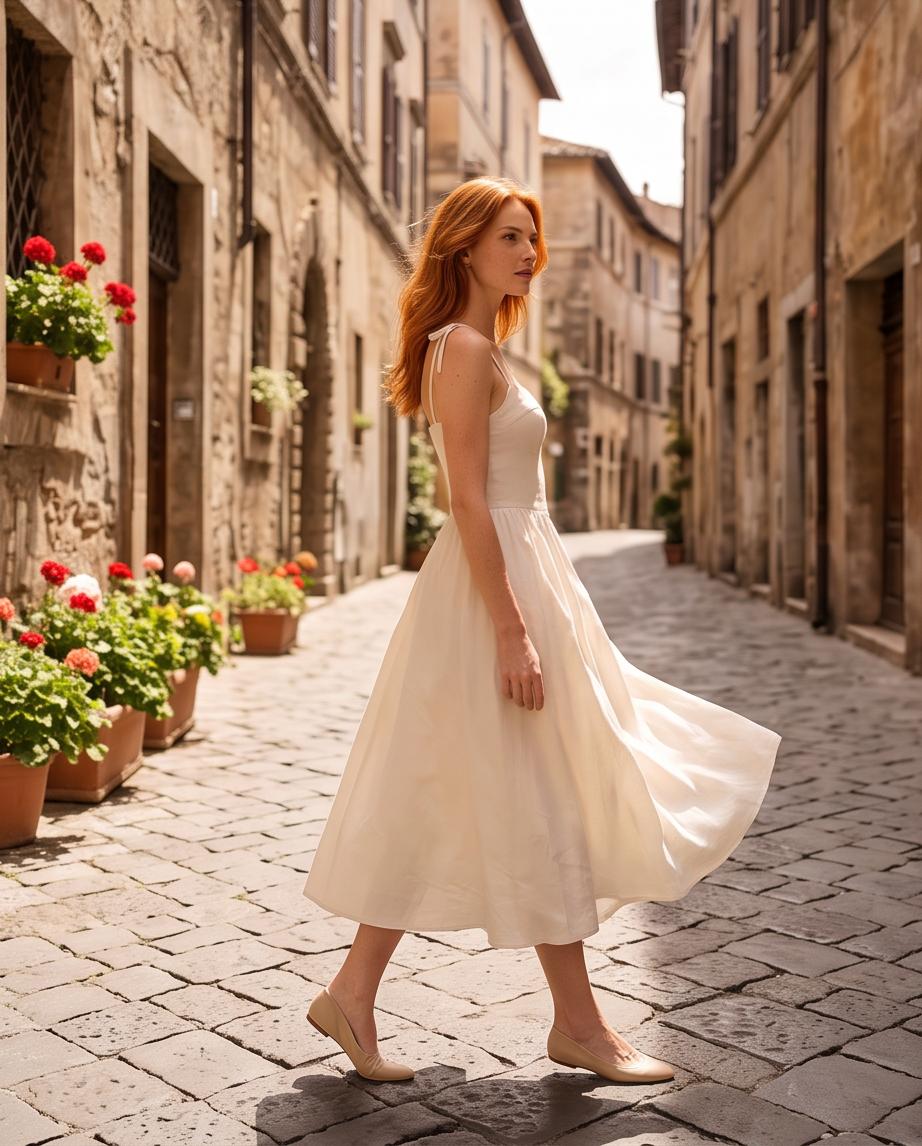 Vista lateral del Vestido Kalea blanco midi con falda amplia.