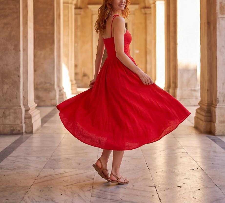 Vestido Kalea rojo midi con falda amplia en movimiento.