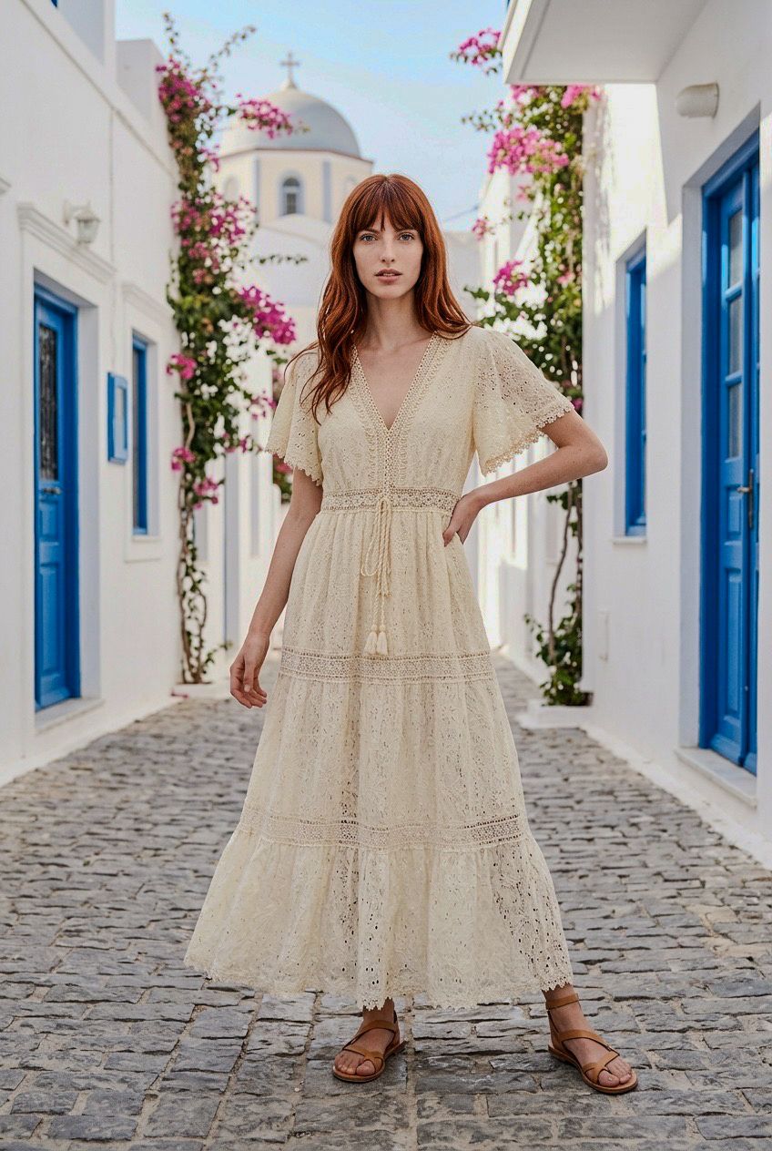 Vestido largo de encaje calado color beige claro con escote en pico y cintura ajustable estilo ibicenco - Eutea