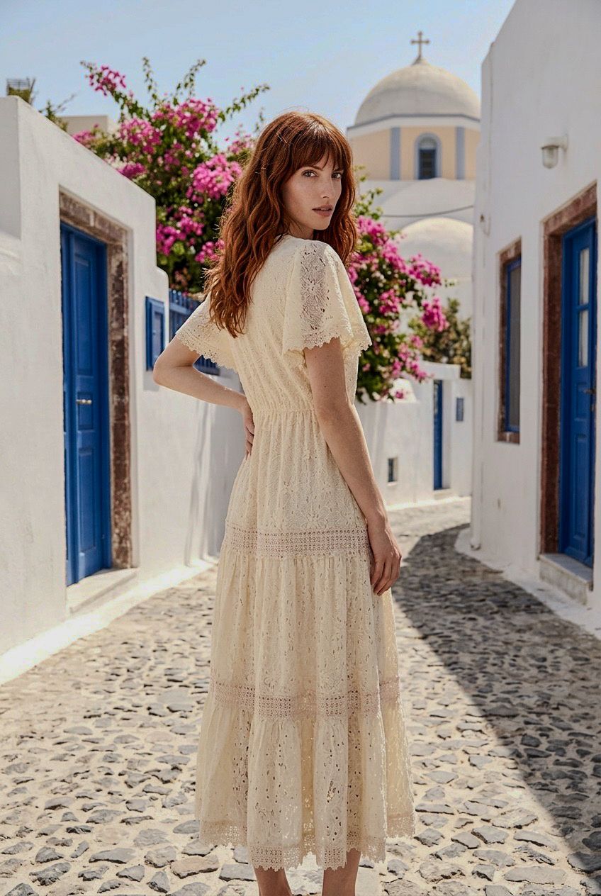 Vista trasera de vestido largo boho-chic en encaje beige con cintura elástica y falda de volantes - Eutea