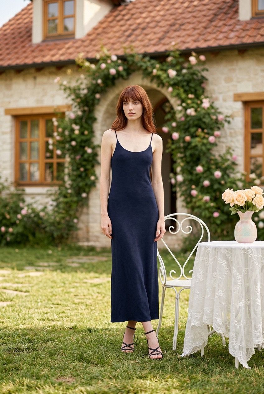 Vestido largo lencero de tirantes color azul marino con textura fina en un jardín rústico - Eutea