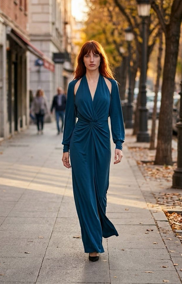 Vestido largo Parkea azul petróleo con mangas largas extraíbles