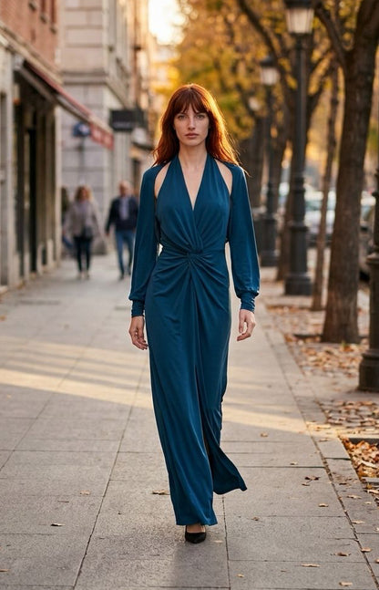 Vestido largo Parkea azul petróleo con mangas largas extraíbles