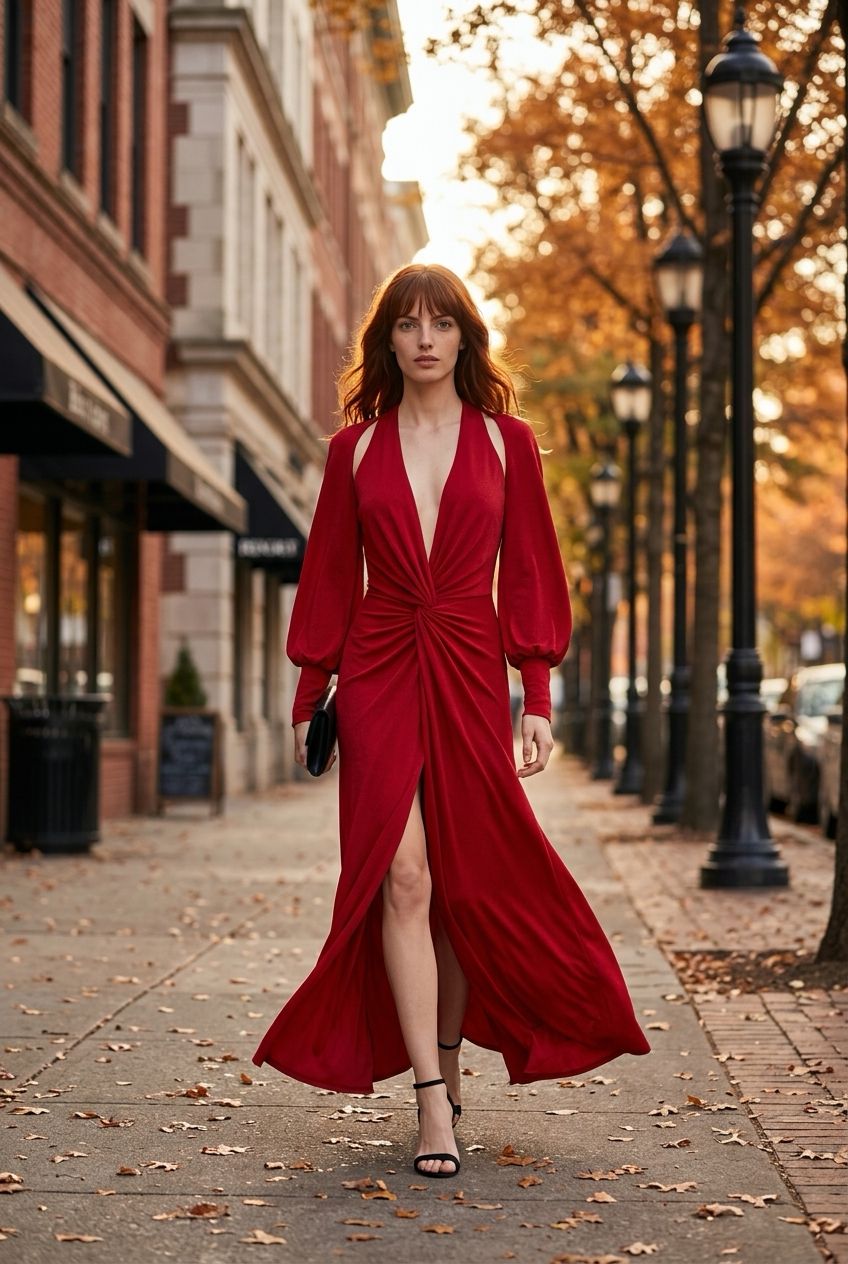 Vestido largo Parkea rojo con mangas largas extraíbles y escote pronunciado