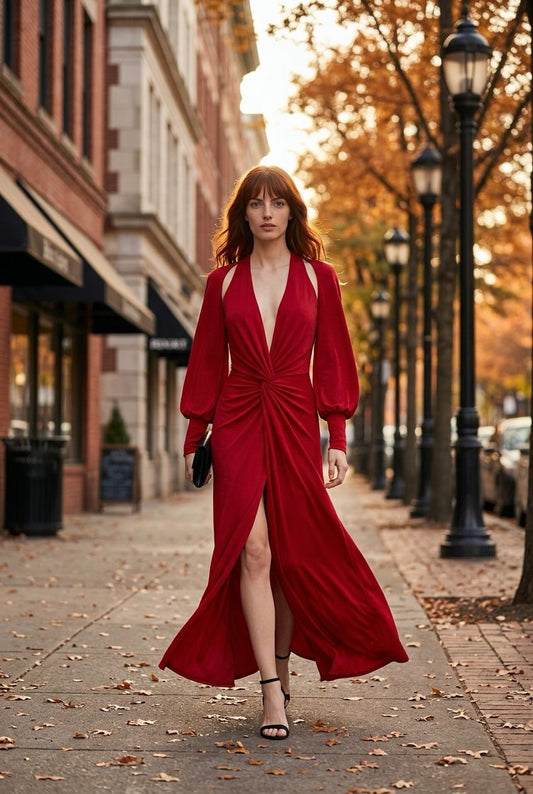 Vestido largo Parkea rojo con mangas largas extraíbles y escote pronunciado