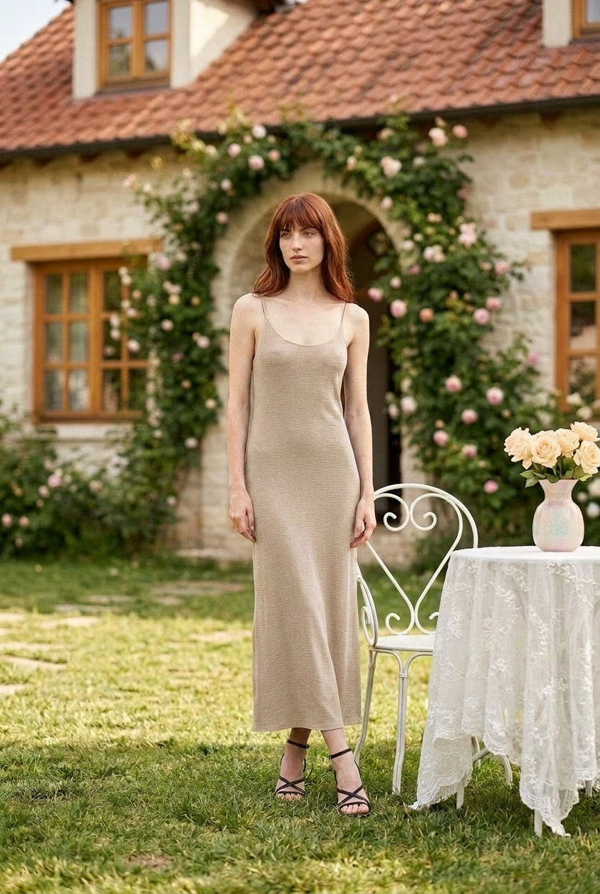 Vestido largo de estilo slip dress color beige arena con escote redondo y tirantes finos - Eutea