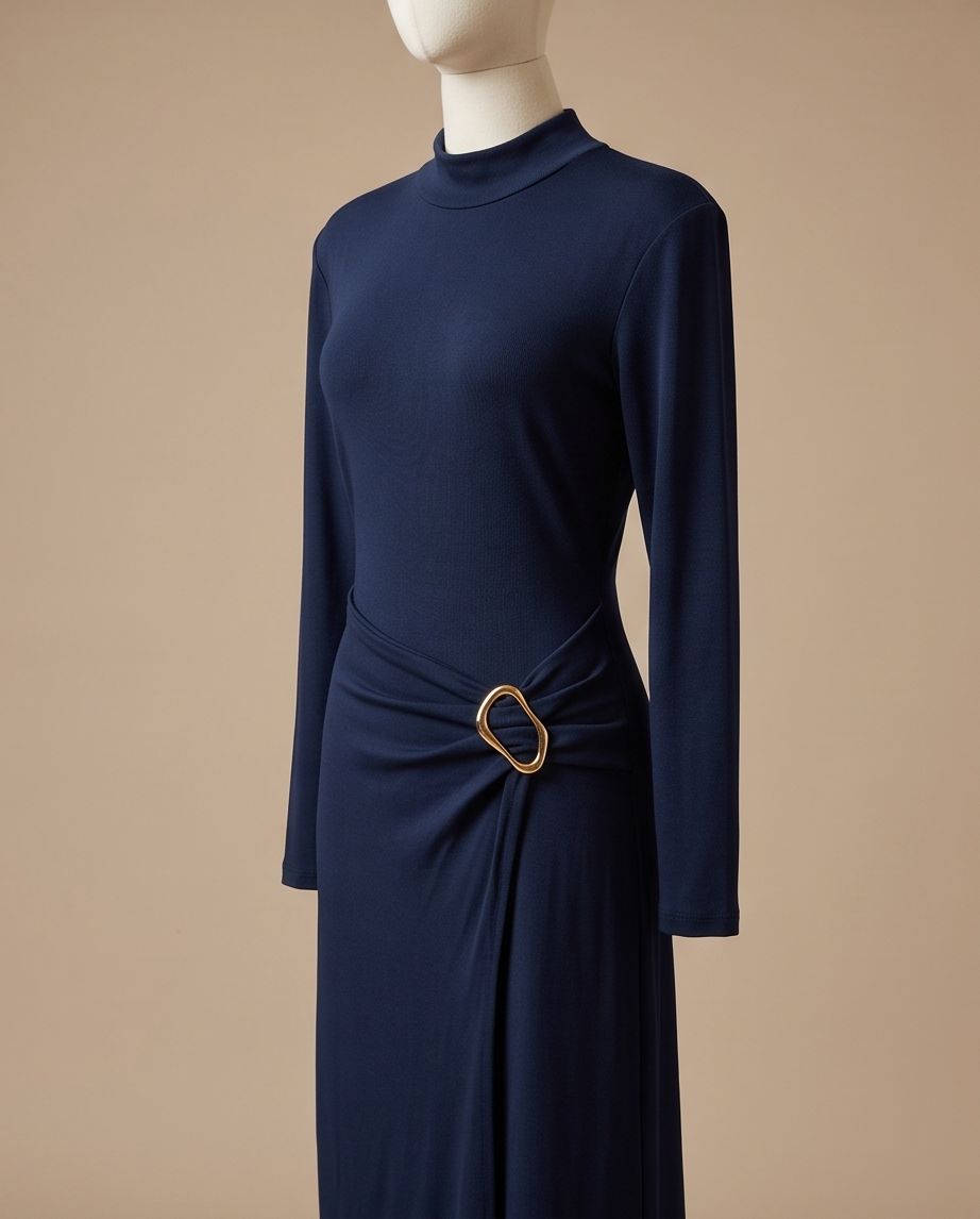 Vestido Larroque azul marino con detalle dorado y drapeado en la cintura
