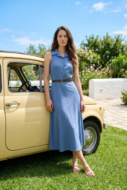 Modelo de frente apoyada en un coche clásico luciendo el vestido midi camisero azul Álvaro de Eutea.