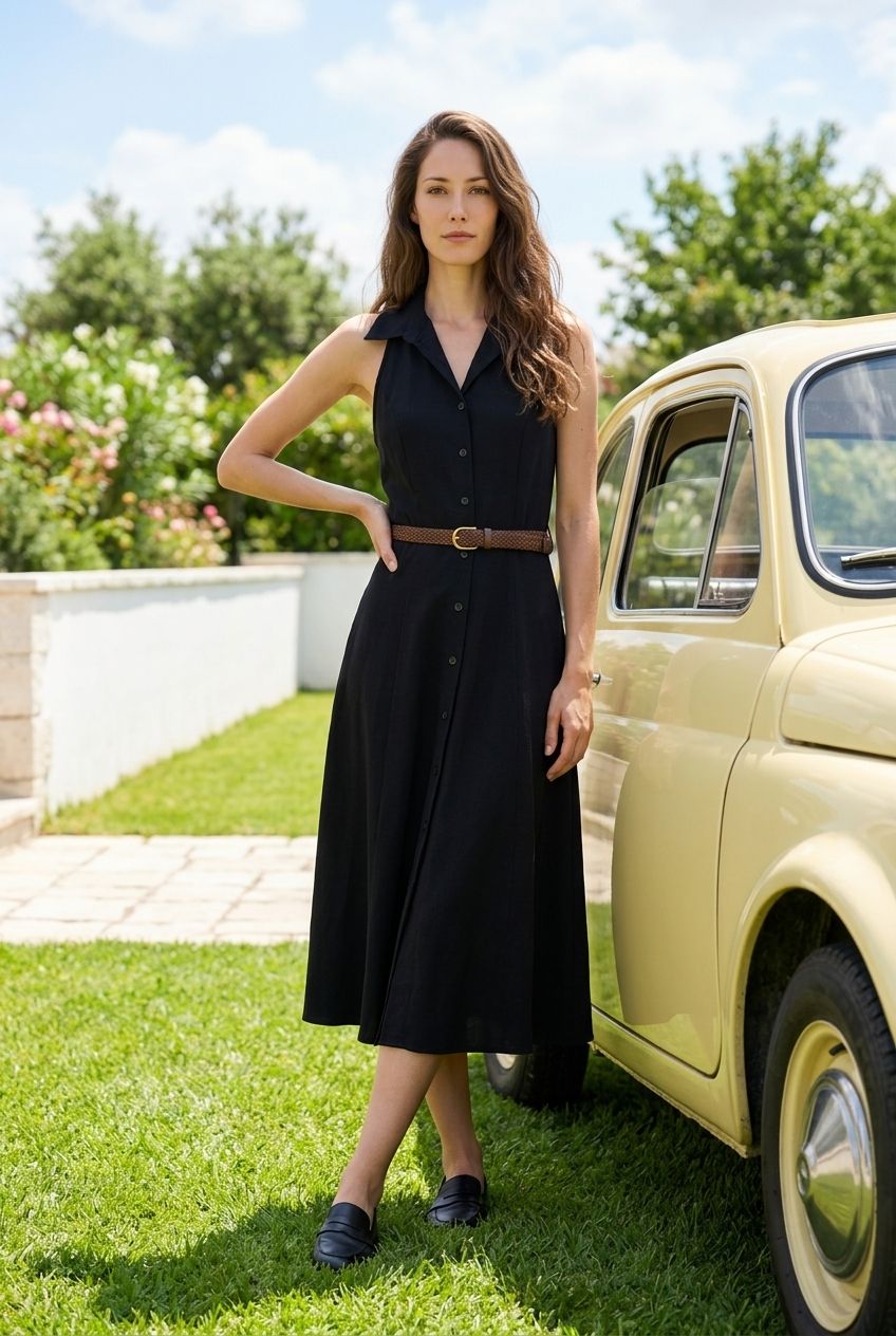 Modelo posando de frente con la variante en negro clásico del vestido camisero midi de tirantes Álvaro de Eutea.