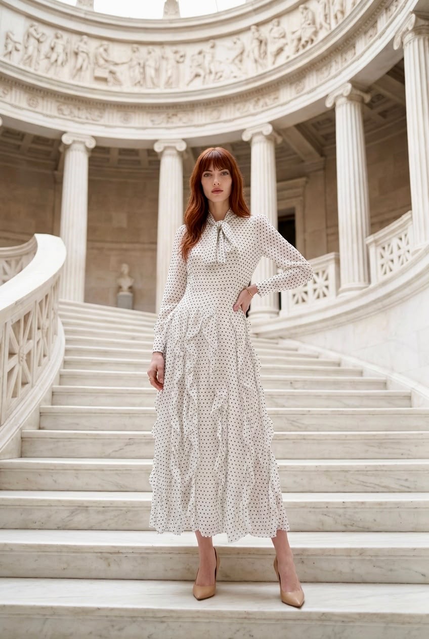 Modelo posando de frente con el Vestido Aduana blanco de lunares, resaltando el ajuste en la cintura, la lazada del cuello y el corte fluido.
