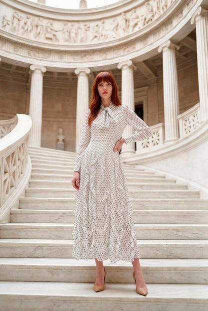 Modelo posando de frente con el Vestido Aduana blanco de lunares, resaltando el ajuste en la cintura, la lazada del cuello y el corte fluido.