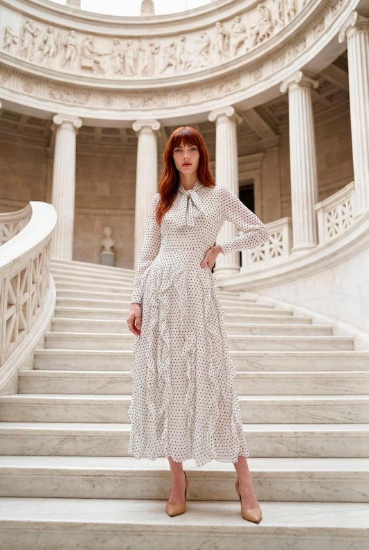 Modelo posando de frente con el Vestido Aduana blanco de lunares, resaltando el ajuste en la cintura, la lazada del cuello y el corte fluido.