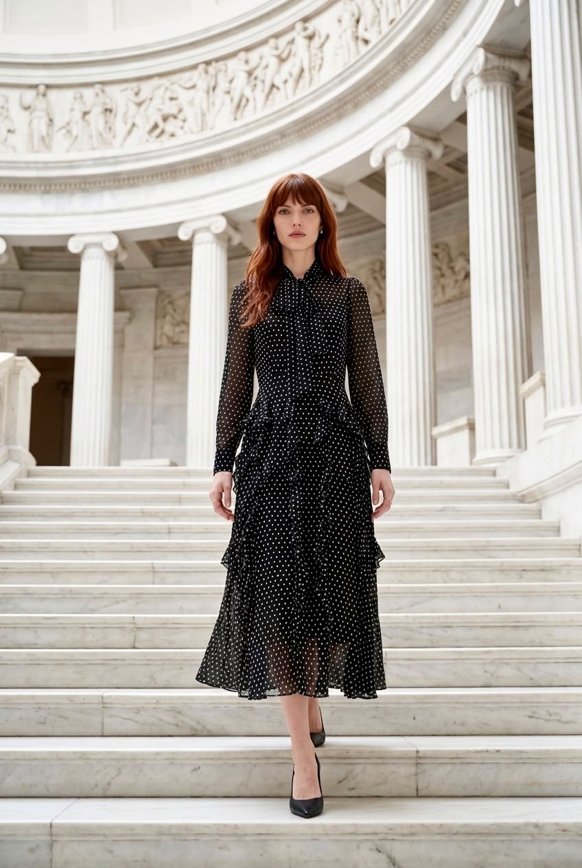 Modelo de frente en unas escaleras de mármol luciendo el Vestido Midi Aduana en color negro con lunares blancos, destacando el cuello con lazada y los volantes.