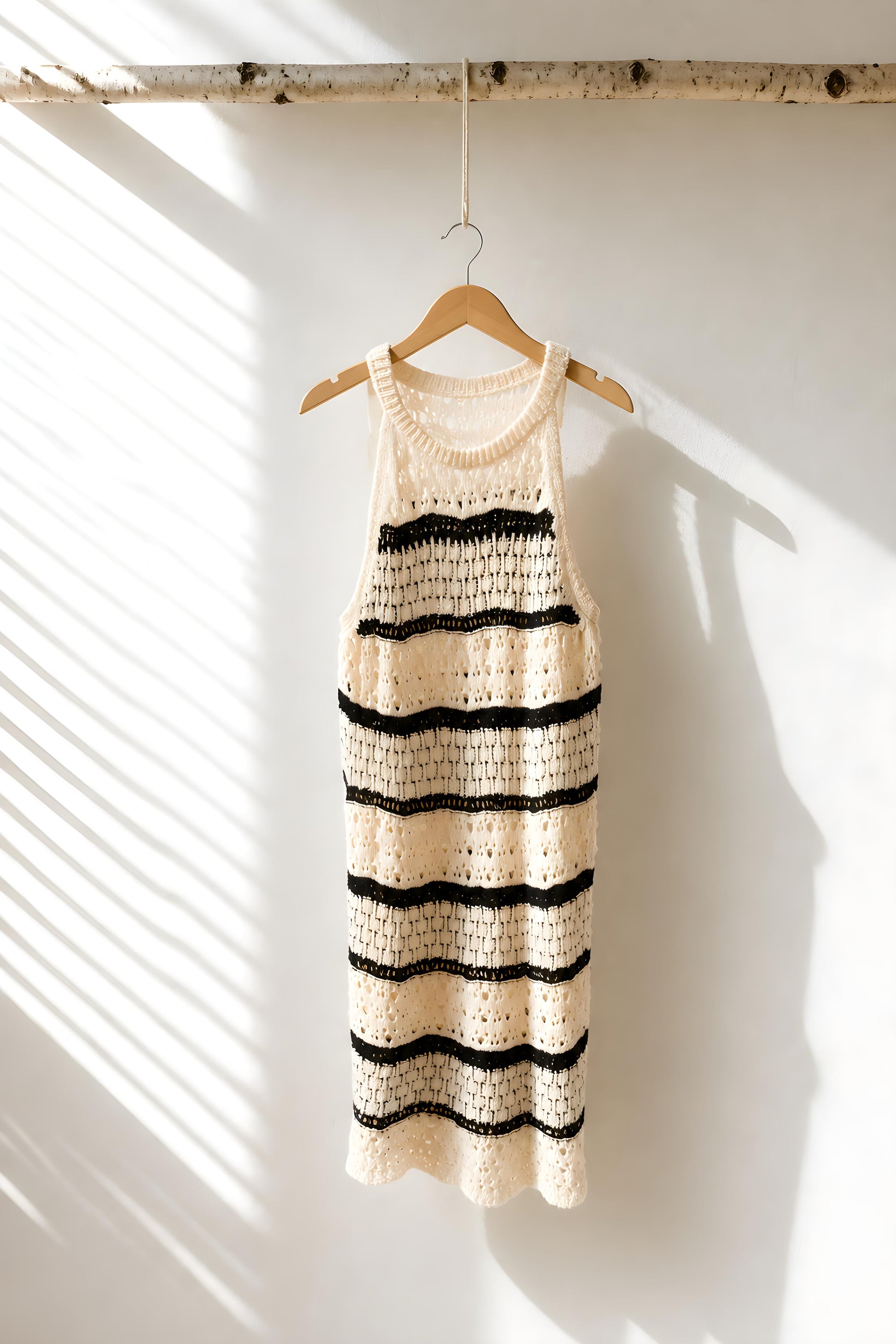 Vestido mini halter de punto calado marinero negro y beige expuesto en un perchero - Eutea