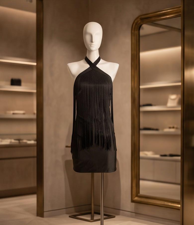 Vestido Pilones negro presentado sobre maniquí.