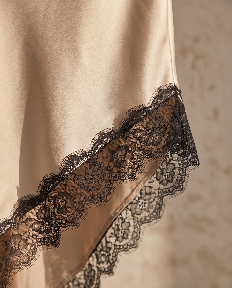 Detalle del encaje negro del vestido Somera beige